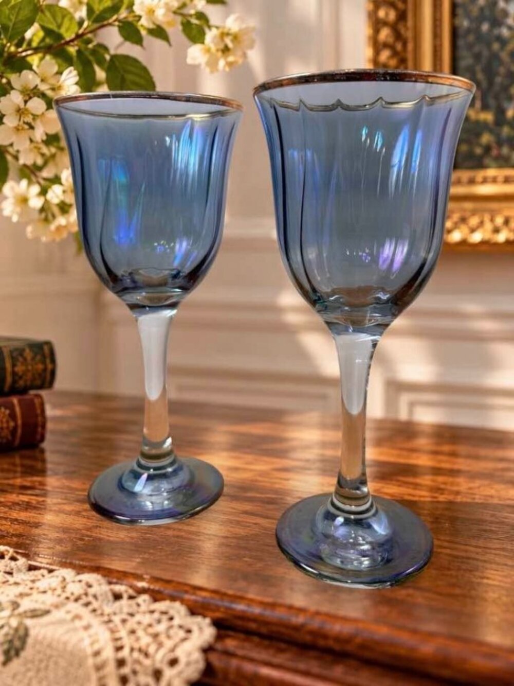 Pair Vintage Hand-Blown Smoky Blue Iridescent Optic Goblets – Gold Rim – 7¾" Art - Picture 1 of 9